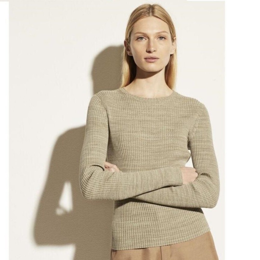 NWT XS Vince Marled Wool & Cotton Blend Crewneck Sweater in celery / white sage